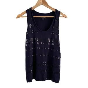 Banana Republic Navy Scoop Rolled Neck Sequined‎ Knit Tank Top Womens Sz S